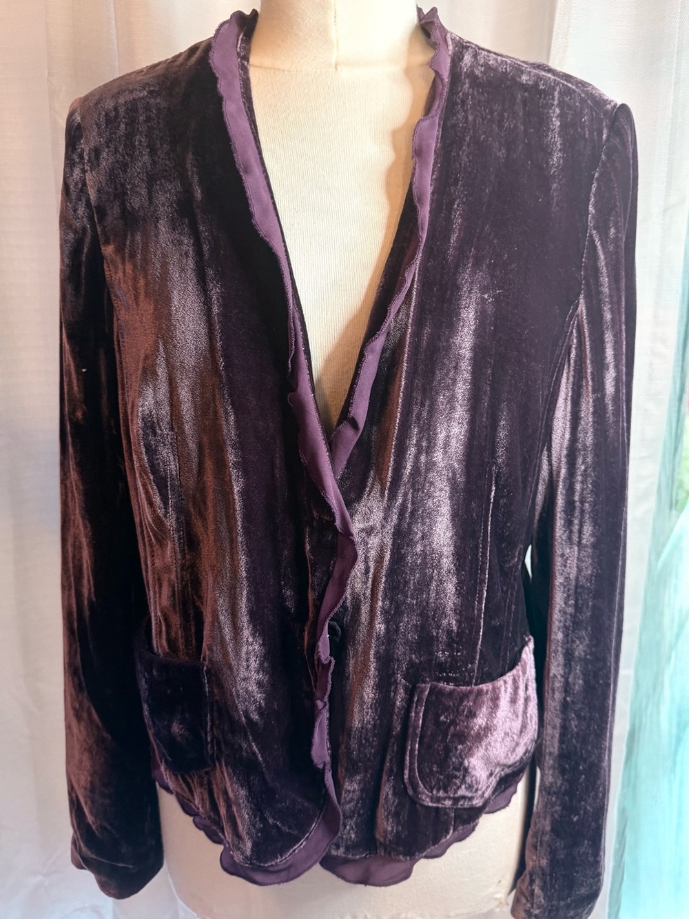 INC International Concepts Deep Plum Velvet Blazer with Ruffle Trim